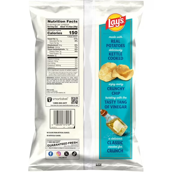 Lay’s Sea Salt & Vinegar Kettle Cooked Potato Chips Bag, 8 oz