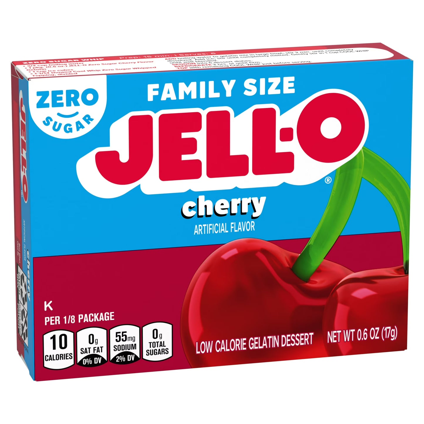 Jell-O Cherry Zero Sugar Low Calorie Gelatin Dessert Mix, Family Size, 0.6 oz Box
