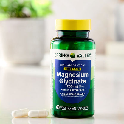 (3 pack) Spring Valley Magnesium Glycinate 200 mg Capsules, Supports Bone & Joint Health