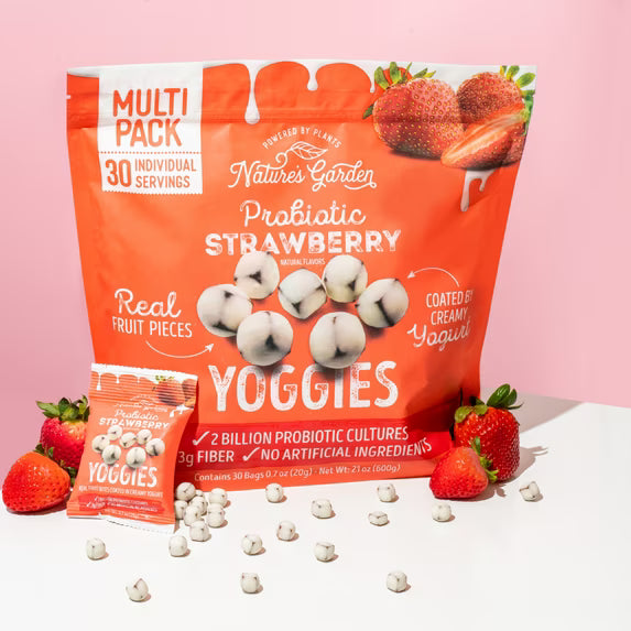 Nature’s Garden Probiotic Yoggies Strawberry, 21oz (0.7oz x 30) - Pack of 4 – Yogurt-Covered Real Fruit Bites – Gluten-Free, Non-GMO, High-Fiber Snacks for Adults & Kids