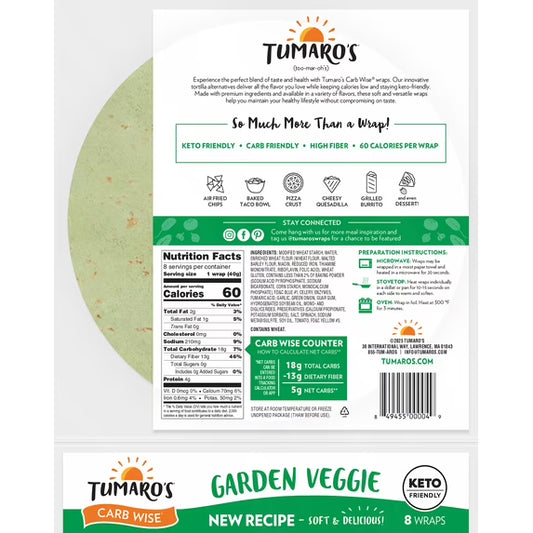 Tumaro's Garden Veggie Carb Wise Vegetable Tortilla Wraps, 3 pack, 24 Count