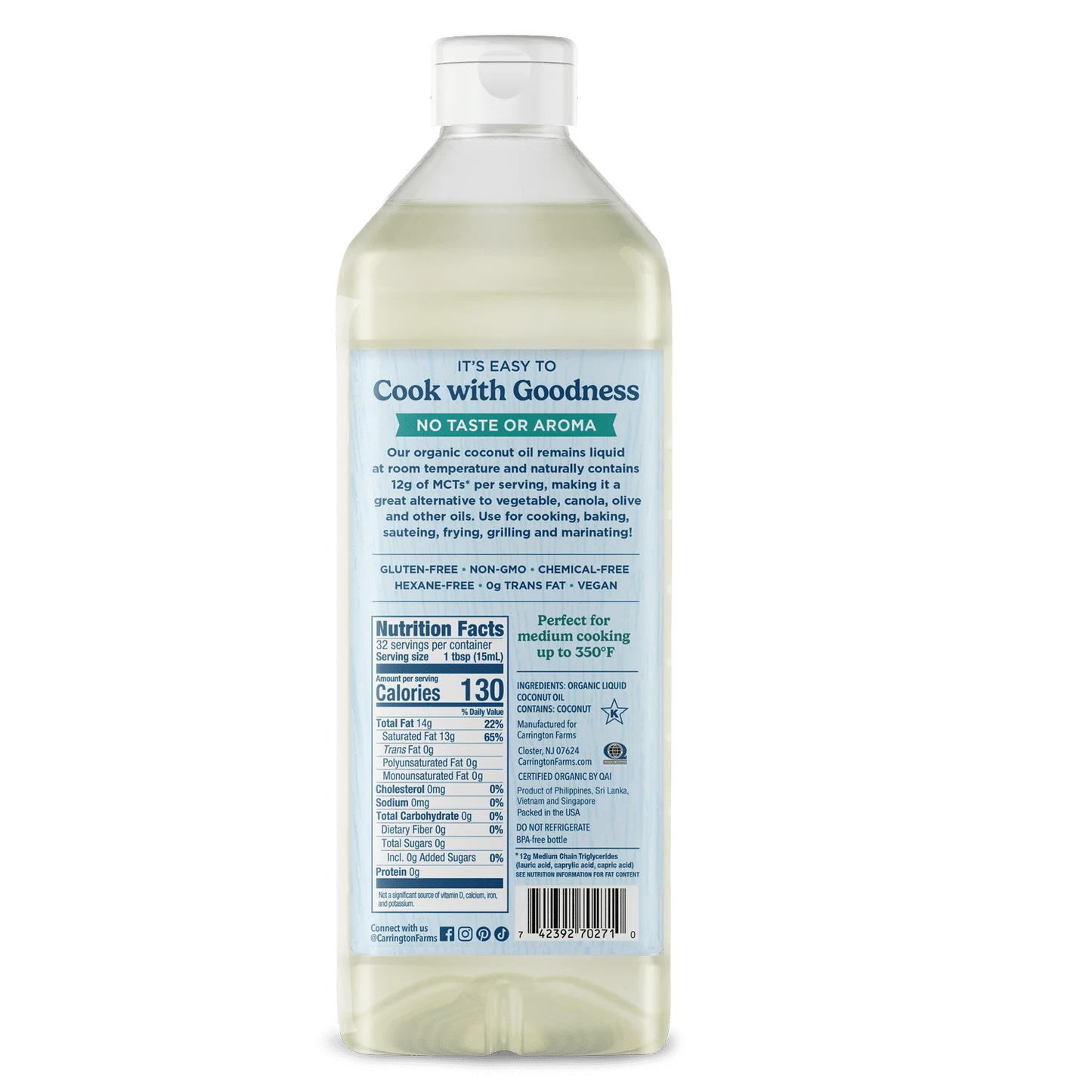 Carrington Farms Organic Coconut Cooking Oil, 32 Floz