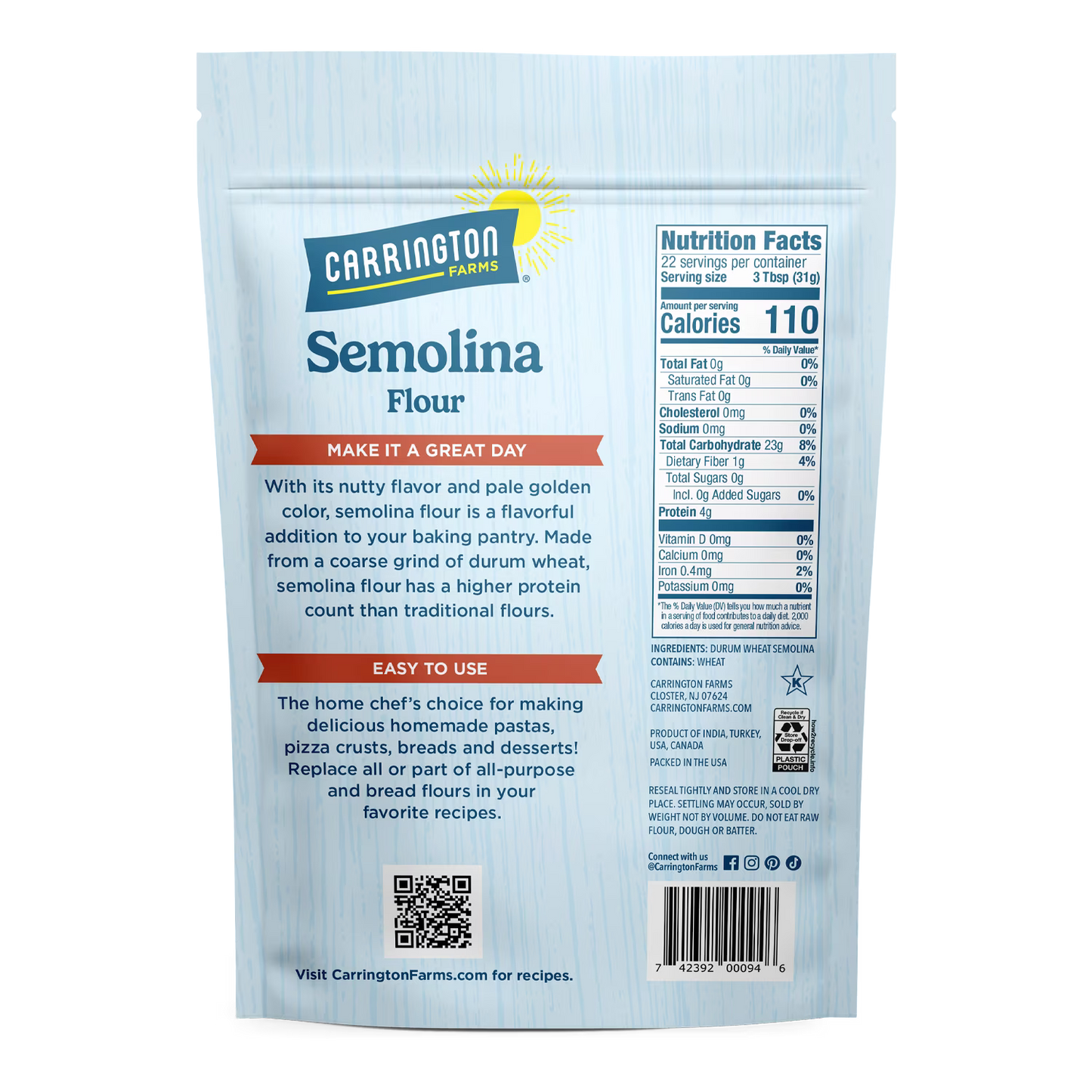 Carrington Farms Semolina Flour Durum Wheat, 24oz