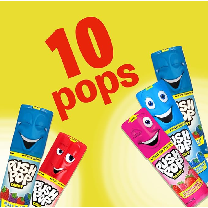 Giant Push Pop Container with Individually Wrapped Lollipop Variety Party Pack , 10 Lollipops Suckers in Assorted Fruity Flavors inside candy container, Fun Candy for Gifts