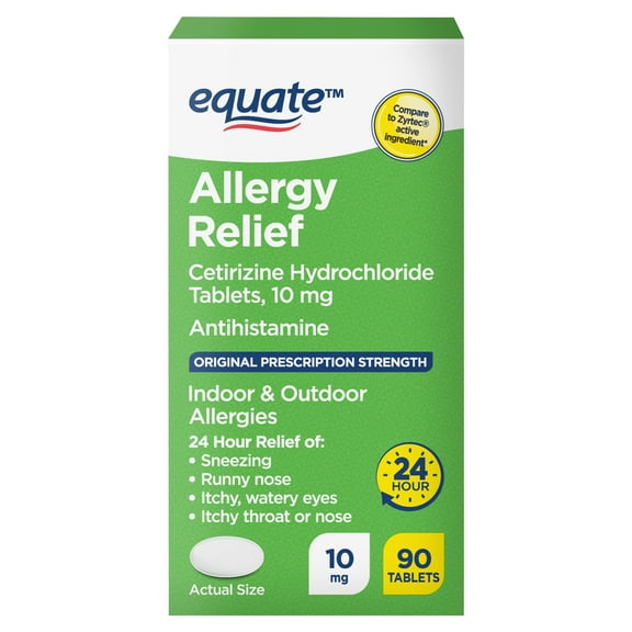 Equate 24 Hour Cetirizine Hydrochloride Allergy Relief Tablets, 10 mg, 90 Count
