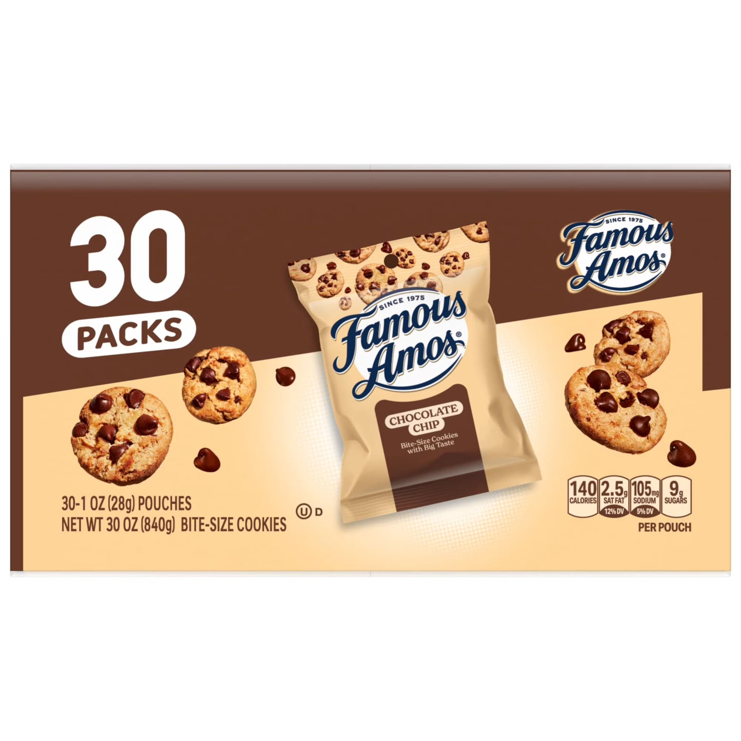 Famous Amos Classic Chocolate Chip Cookies, Bite-size cookies, Sweet Treats, 30 Pack Box, 1 oz Bag