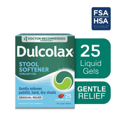 Dulcolax Stool Softener Laxative Liquid Gel Capsules, Gentle Constipation Relief for Hard, Dry Stools, Docusate Sodium 100 mg, 25 Count