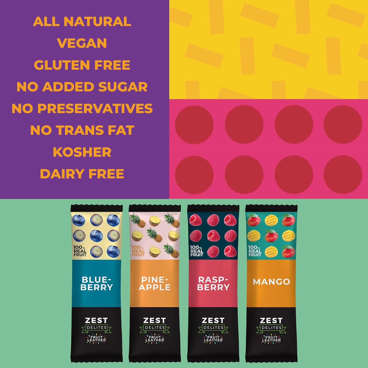 Zest Delites Fruit Leather Snacks, Vegan Fruit Bars, Berries & Tropical Flavors, Pack of 36