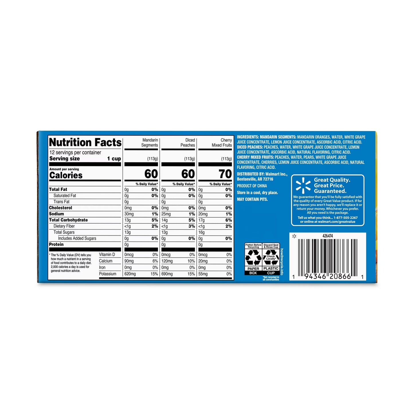 Great Value Diced Peaches, Mandarin Segments, & Cherry Mixed Fruits Variety Pack, 4 oz, 12 Pack