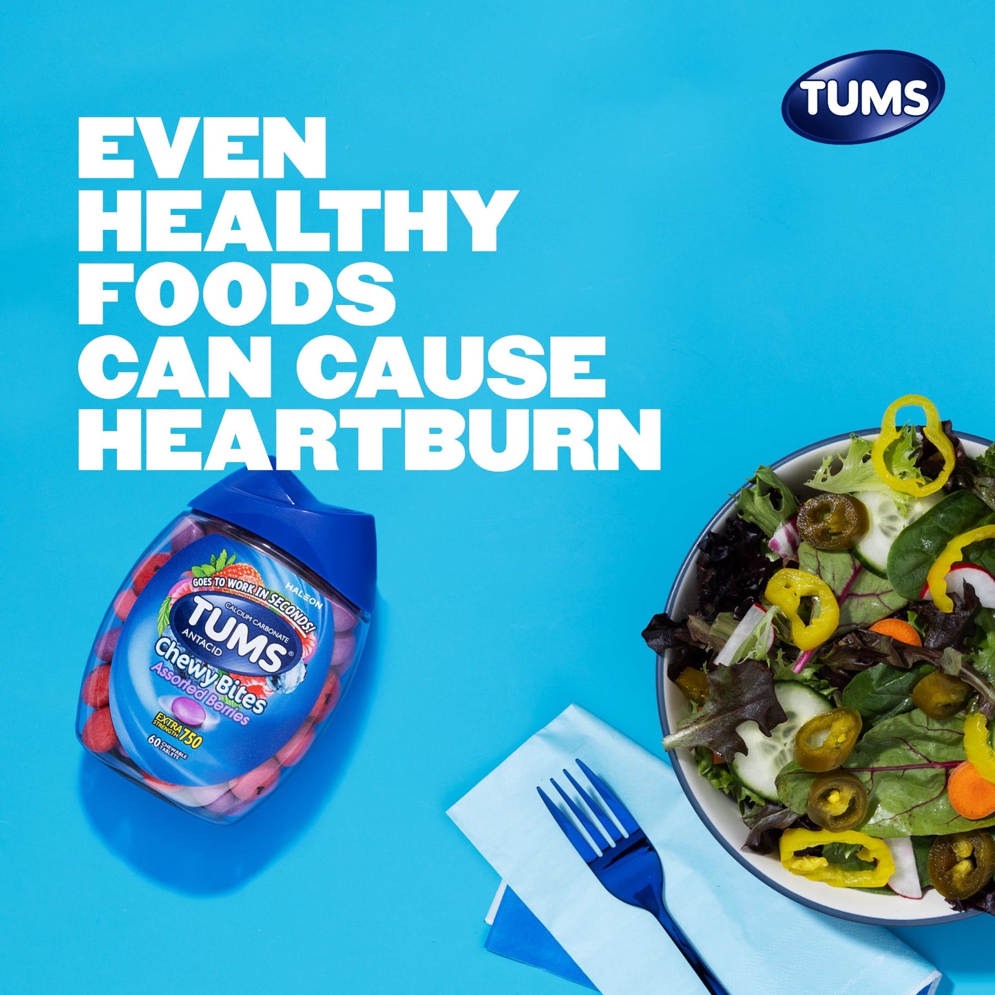 Tums Chewy Bites Heartburn Relief Chewable Antacid Tablets, Berry, 60 Ct