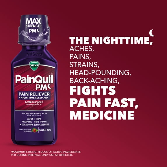 Vicks PainQuil Pain Relief Acetaminophen 1000mg Max Strength Adult Pain Reliever Liquid 12oz, Backache Headache Relief, 1 Nighttime Pain Reliever + Sleep Aid