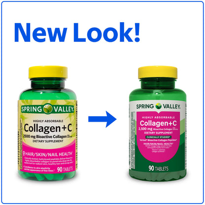 (3 pack) Spring Valley Highly Absorbable Collagen + C Tablets for Hair/Skin/Nail Health, 2,500 mg, 90 Count