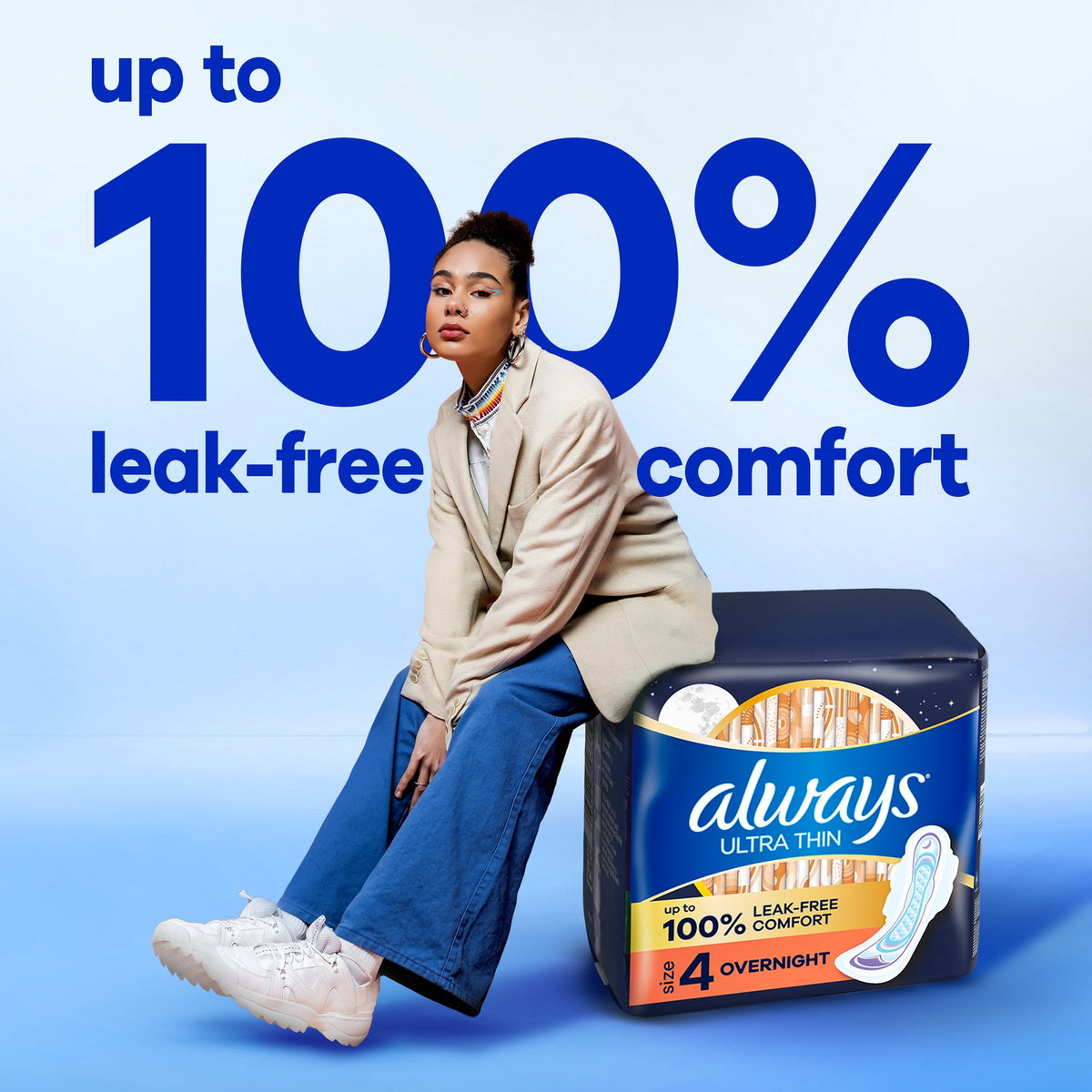 Always Ultra Thin Overnight Pads with Wings, Size 4, Overnight, 16 Count