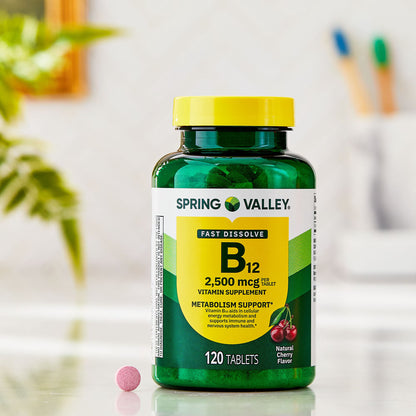 Spring Valley Vitamin B12 Supplement, 2500 mcg, Cherry, 120 Count, Quick-Dissolve Tablets