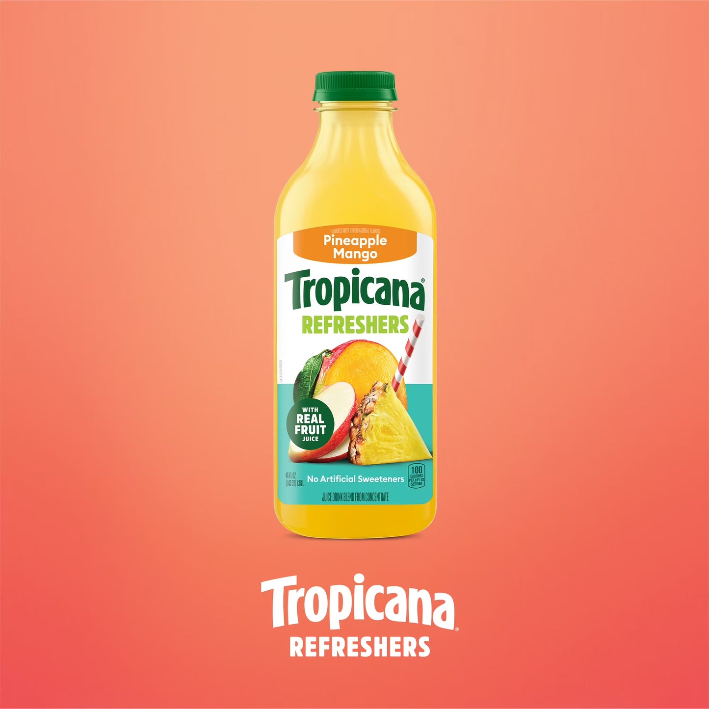 Tropicana Refreshers Pineapple Mango Juice Drink Real Fruit Juice, 46 fl oz