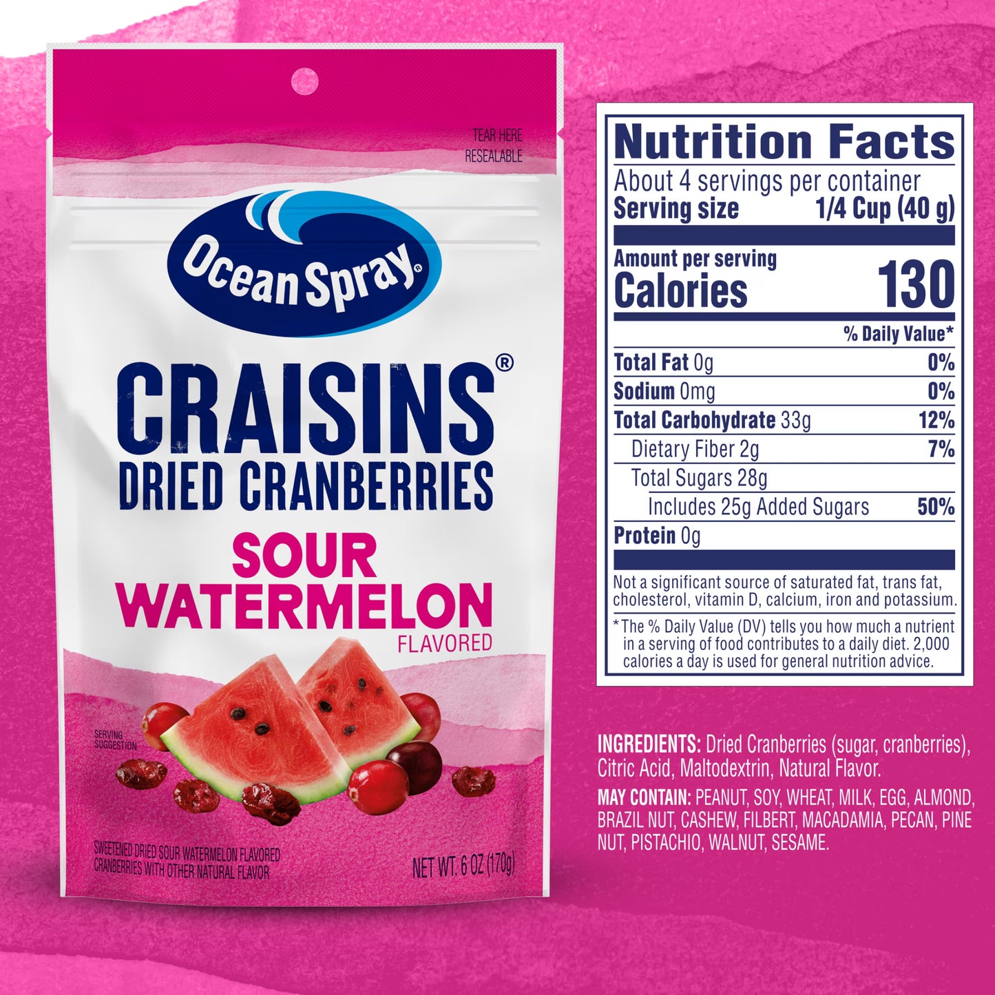 Ocean Spray Sour Watermelon Flavored Craisins Dried Cranberries, 6oz