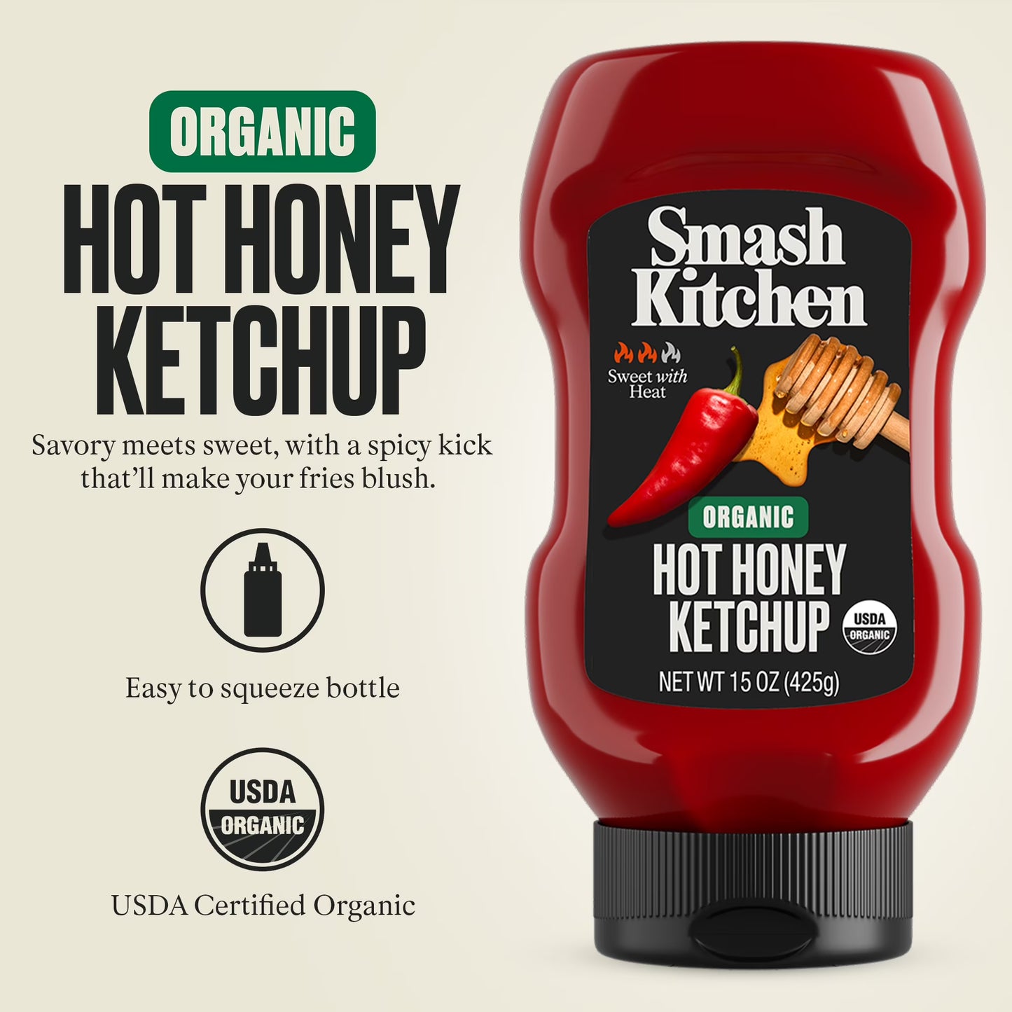 Smash Kitchen Organic Hot Honey Ketchup, 15 oz Bottle