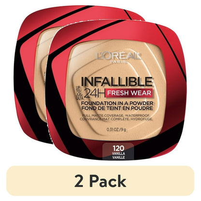 (2 pack) L'Oreal Paris Infallible Fresh Wear 24 Hr Powder Foundation Makeup, 120 Vanilla, 1 fl oz