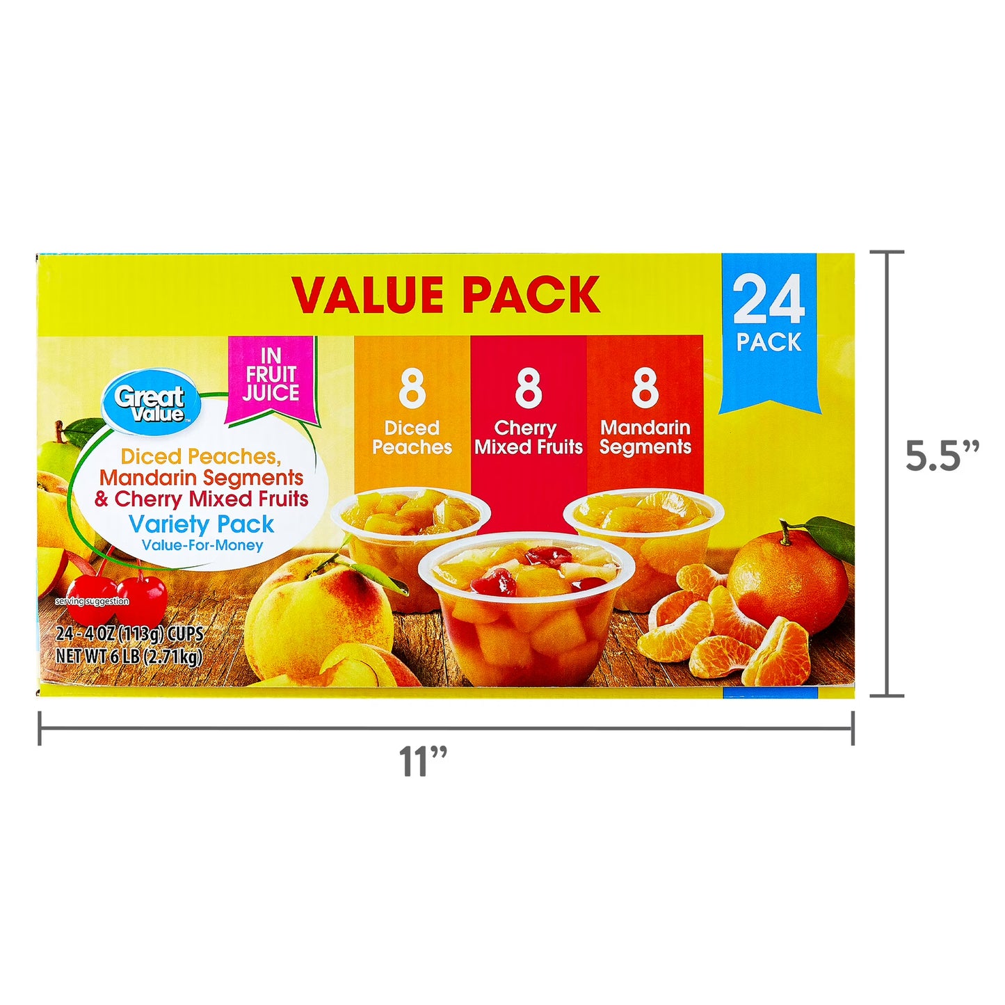 Great Value Diced Peaches, Mandarin Segments & Cherry Mixed Fruits Variety Pack, 4 oz, 24 Count