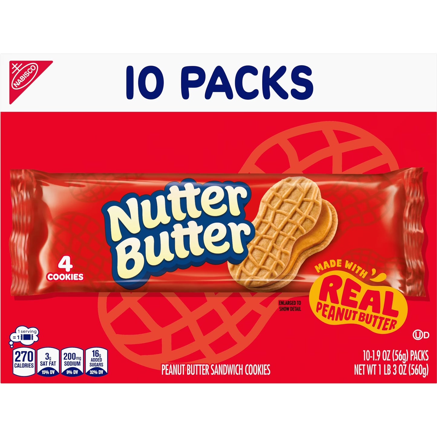 Nutter Butter Peanut Butter Sandwich Cookies, 10 Snack Packs (4 Cookies Per Pack)