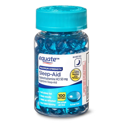Equate Maximum Strength Nighttime Sleep-Aid Diphenhydramine HCl Sleep Support Softgels, 50 mg, 100 Count, Compare to Unisom SleepGels Active Ingredient