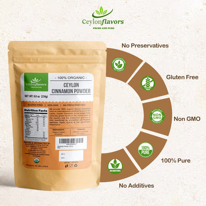 Organic Ceylon cinnamon powder premium special grade from a USDA certified farm in Sri Lanka 8.8 oz (250 g)