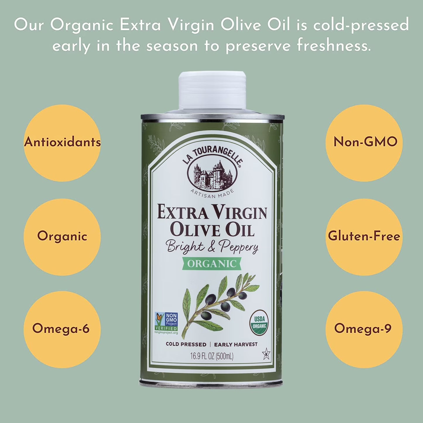 (6 pack) La Tourangelle Organic Extra Virgin Olive Oil, 25.4 fl oz (750 ml)