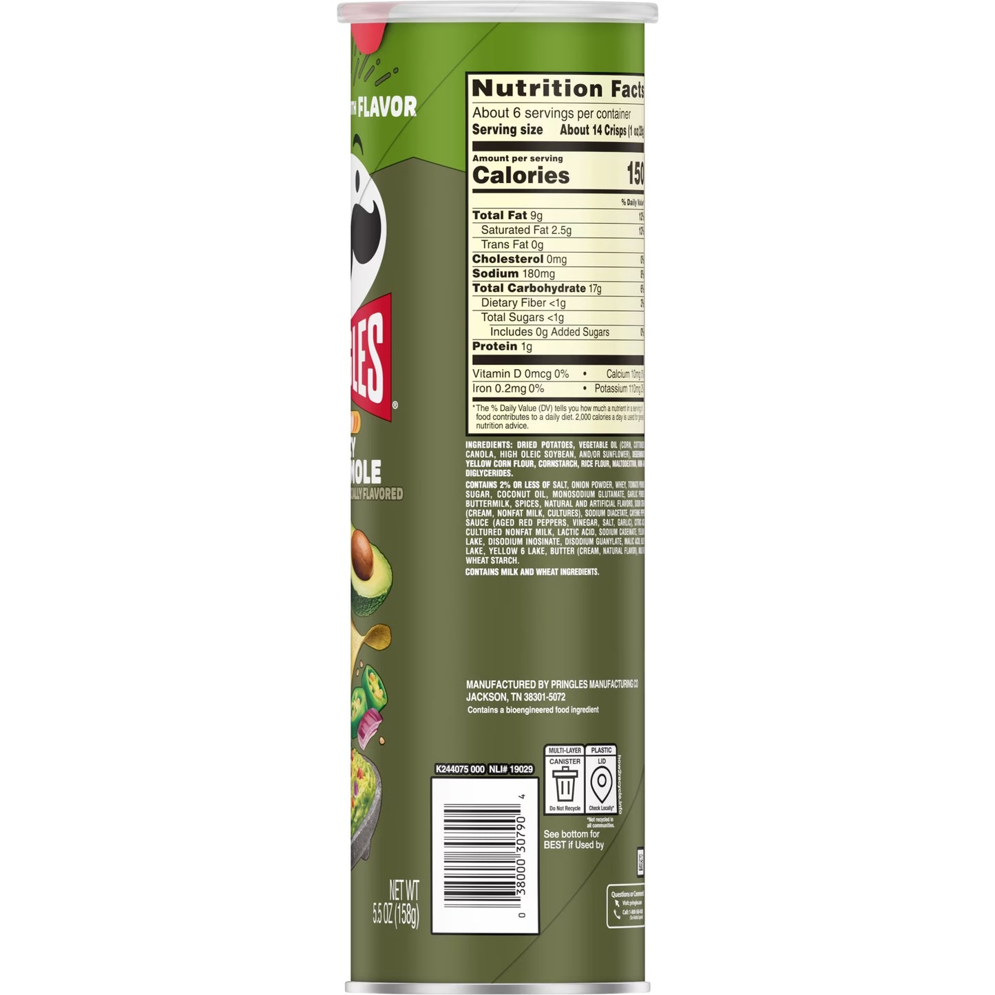 Pringles Spicy Guacamole Potato Crisps Chips, Lunch Snacks, 5.5 oz Canister