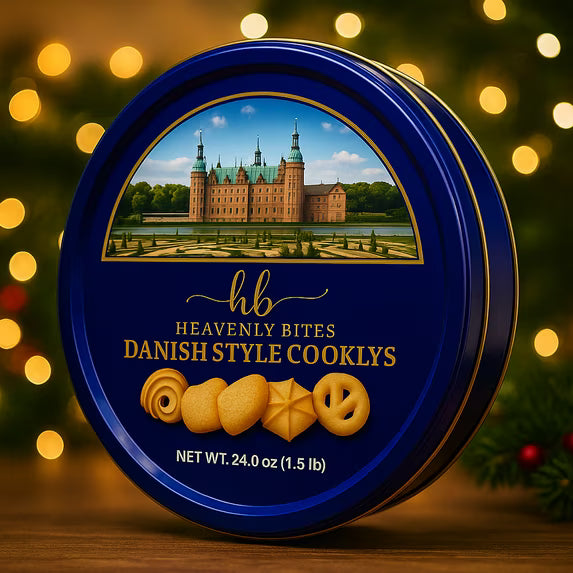 Heavenly Bites Danish Style Butter Cookies in Metal Tin 24 Oz - Crispy Sweet Snacks