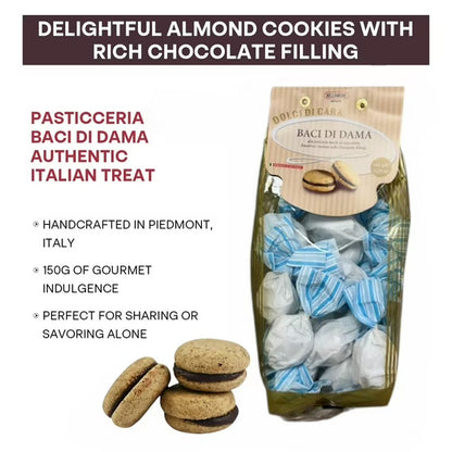 Italian Amaretti Cookies, Soft Almond Cookies Filled with Rich Chocolate Cream, 300g (2 x 150g bags), Made in Italy - Baci Di Dama