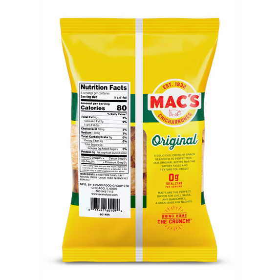 Mac's Original Chicharrones Pork Rinds, Pork Skins, 4 oz Bag