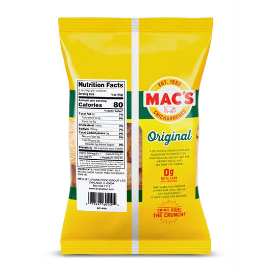 Mac's Original Chicharrones Pork Rinds, Pork Skins, 4 oz Bag