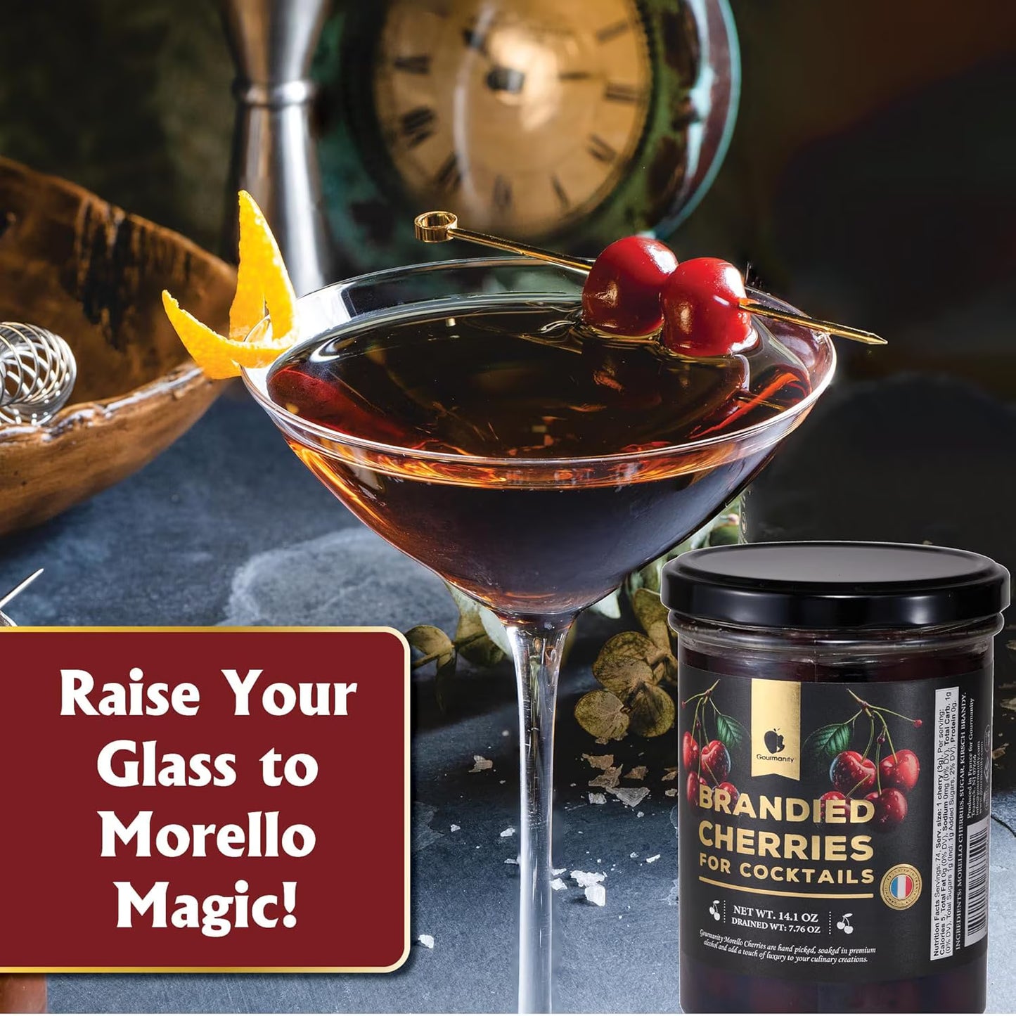 Gourmanity Brandied Cocktail Cherries, French Morello Cherries in Kirsch Brandy, for Cocktails and Desserts Kosher, Product of France 14.1oz