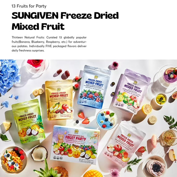 SUNGIVEN Freeze Dried Fruit Crisps 10+ Fruits Mixed Variety Pack, Health Snacks for Kids Adult, 5 Bag 7.06 Oz