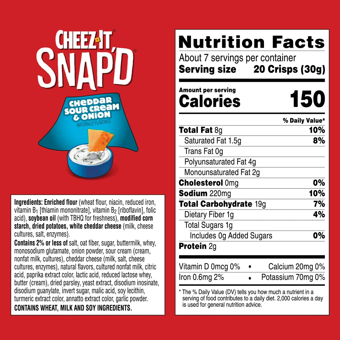 Cheez-It Snap'd Cheddar Sour Cream and Onion Cheesy Baked Chips, Lunch Snacks, 7.5 oz