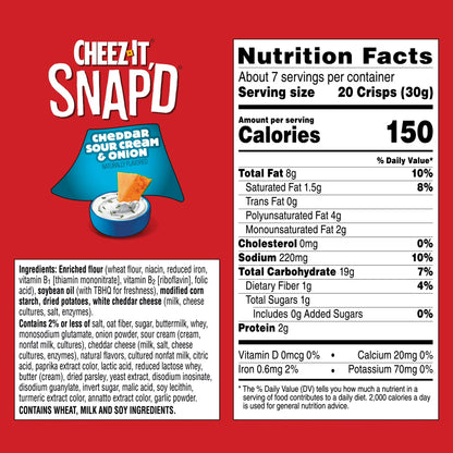 Cheez-It Snap'd Cheddar Sour Cream and Onion Cheesy Baked Chips, Lunch Snacks, 7.5 oz