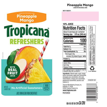 Tropicana Refreshers Pineapple Mango Juice Drink Real Fruit Juice, 46 fl oz