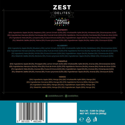 Zest Delites Fruit Leather Snacks, Vegan Fruit Bars, Berries & Tropical Flavors, Pack of 36