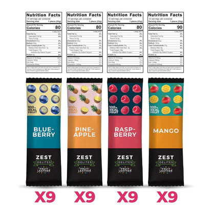 Zest Delites Fruit Leather Snacks, Vegan Fruit Bars, Berries & Tropical Flavors, Pack of 36