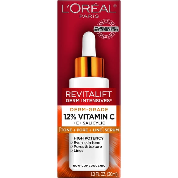 L'Oreal Paris Revitalift 12% Pure Vitamin C Serum, Brightening Serum for Face with Vitamin E, Salicylic Acid, 1 fl. oz.