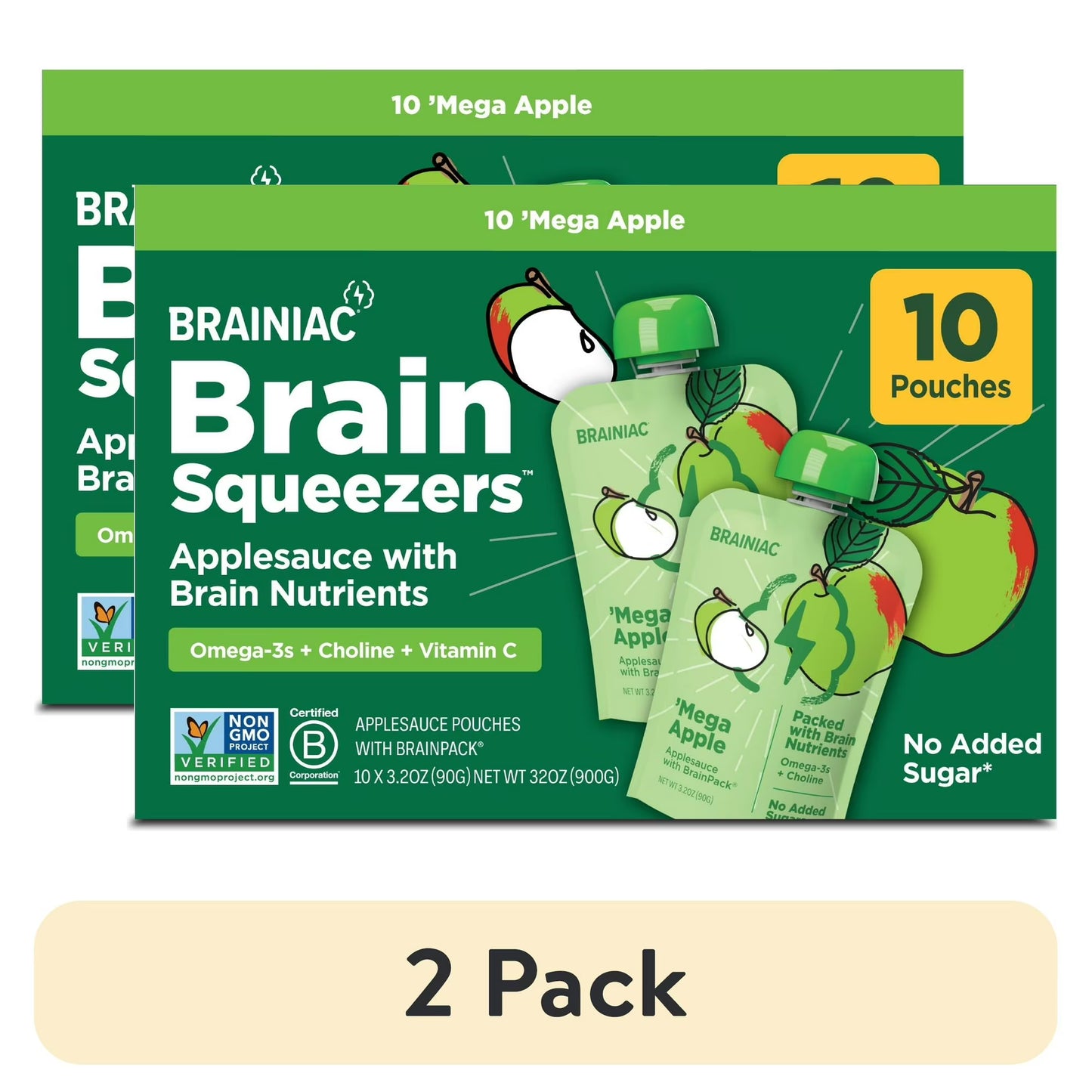 (2 pack) Brainiac Brain Squeezers Applesauce with Omega-3s, Apple, No Sugar Added, 3.2 oz, 10 Ct