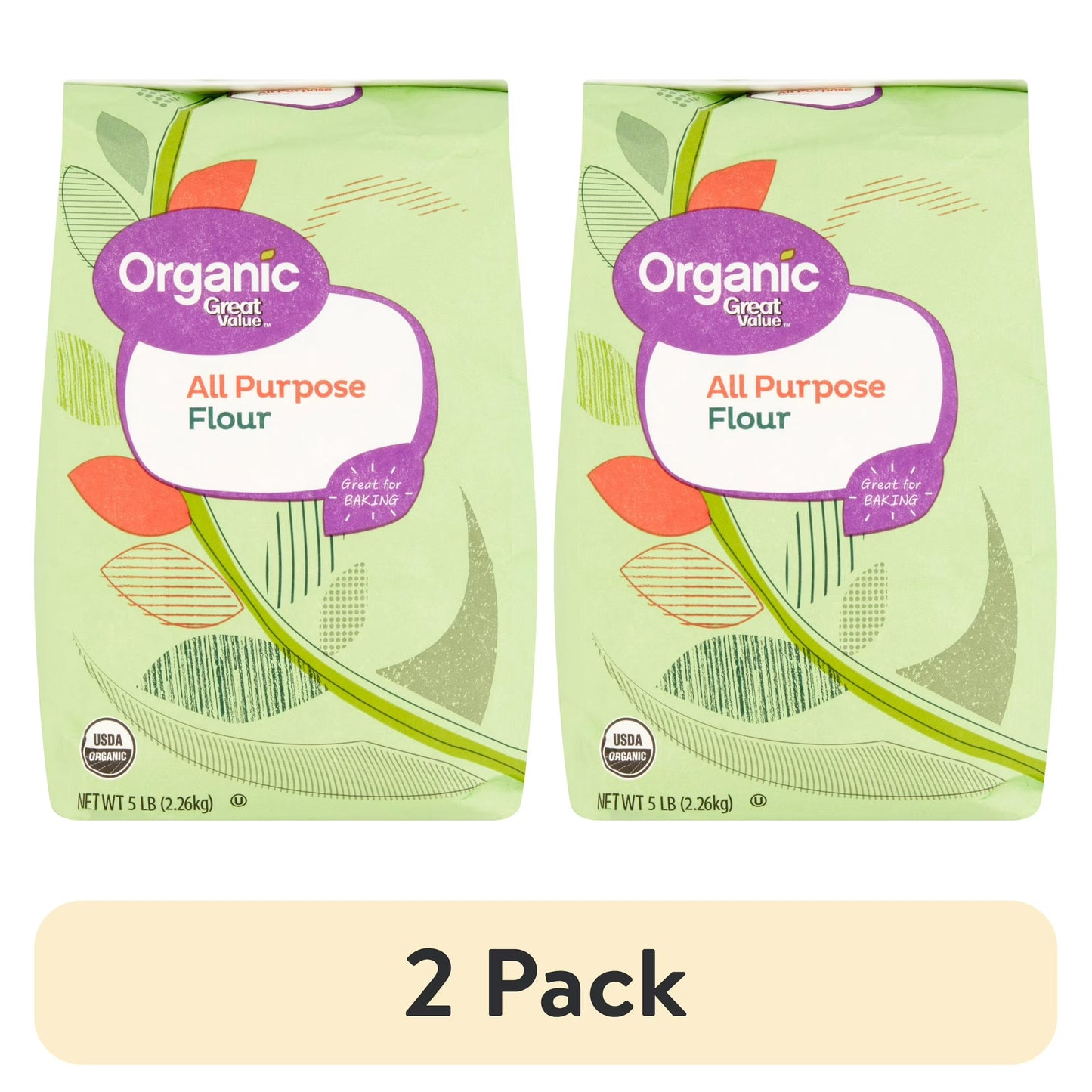 (2 pack) Great Value Organic All-Purpose Flour, 5 lb Bag