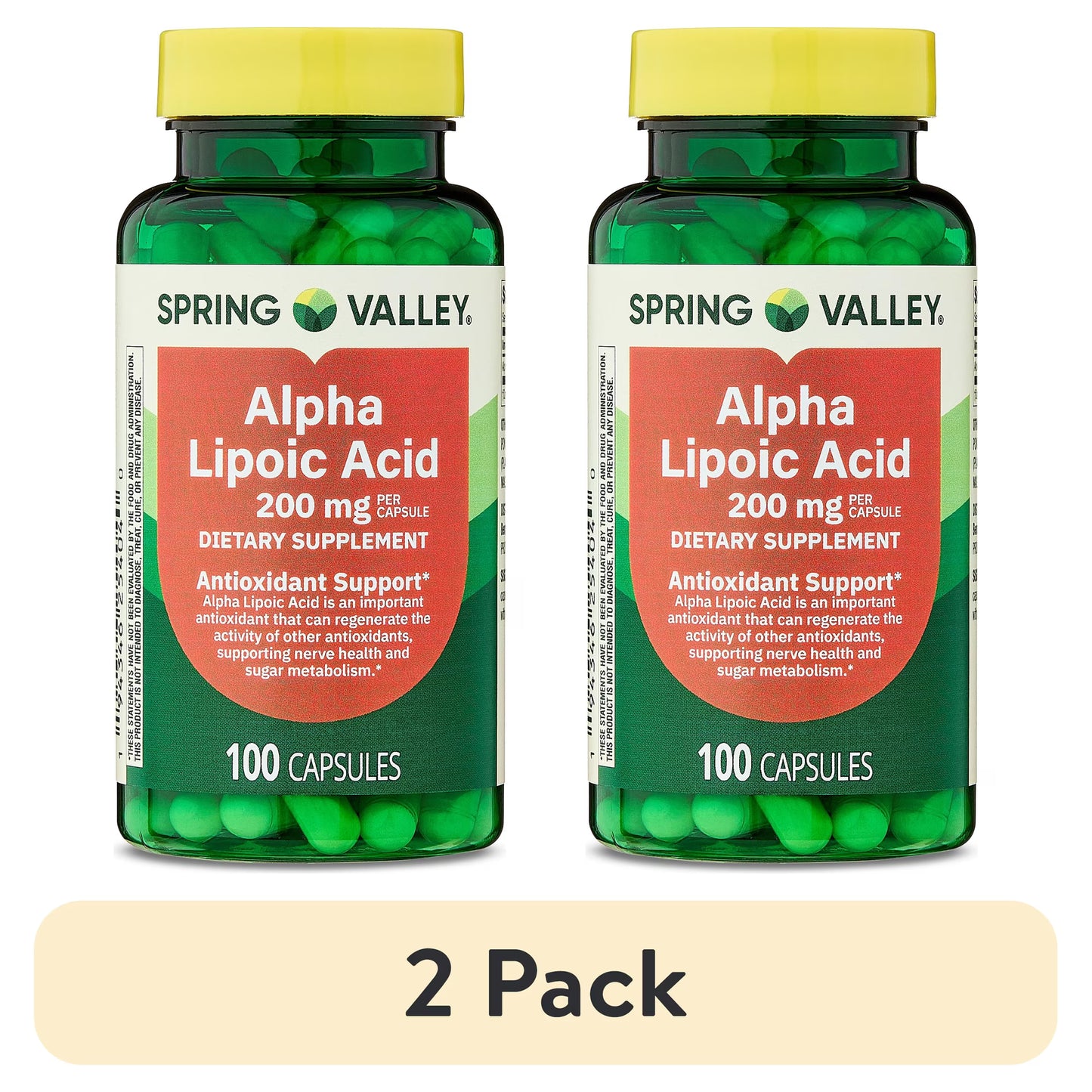 (2 pack) Spring Valley Alpha Lipoic Acid, Antioxidant Support, Dietary Supplement, 200mg Capsule, 100 Count