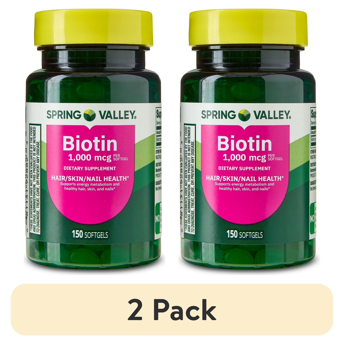 (2 pack) Spring Valley Biotin Dietary Supplement Softgels for Hair/Skin/Nails Health, 1,000 mcg, 150 Count