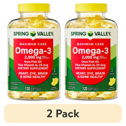 (2 pack) Spring Valley Maximum Care Omega-3 from Fish Oil Dietary Supplement Softgels for Eye Brain Bone & Heart Health, 2000 mg, 120 Count