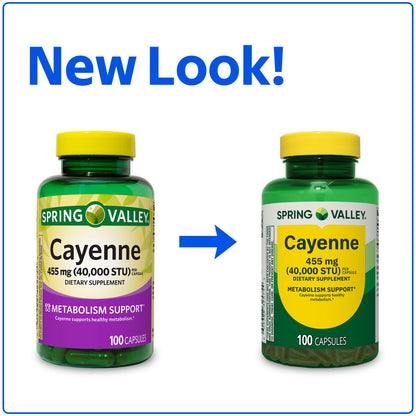 Spring Valley Cayenne Dietary Supplement Capsules for Metabolism Support, 455 mg, 100 Count