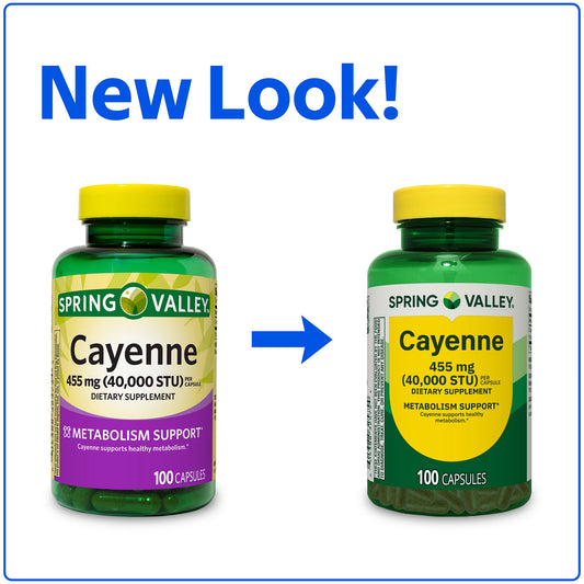 Spring Valley Cayenne Dietary Supplement Capsules for Metabolism Support, 455 mg, 100 Count