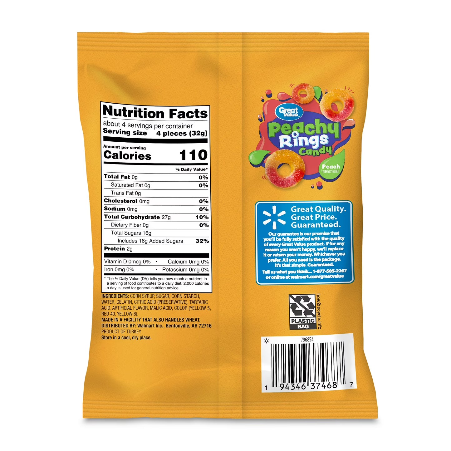 Great Value Peach Rings Chewy Candy, 4 oz