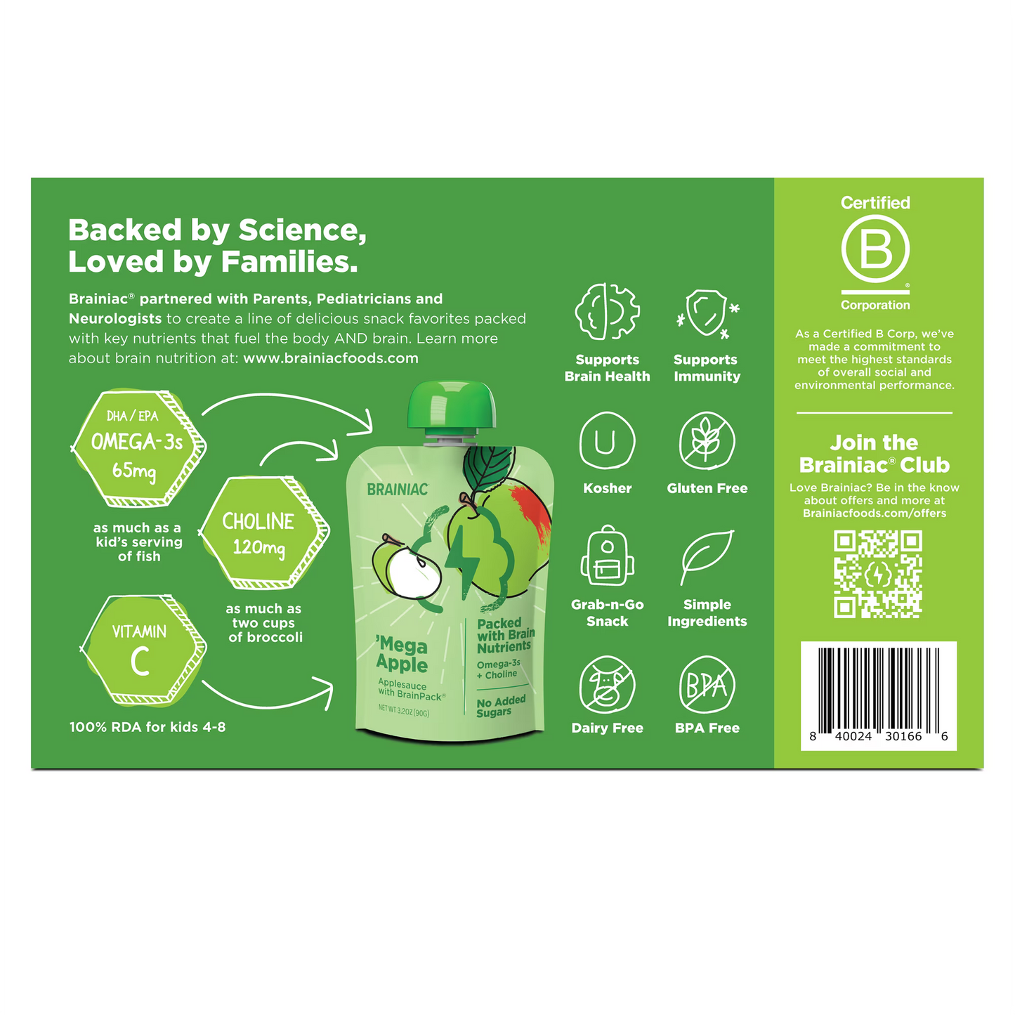 (2 pack) Brainiac Brain Squeezers Applesauce with Omega-3s, Apple, No Sugar Added, 3.2 oz, 10 Ct