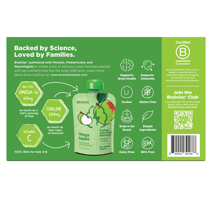 (2 pack) Brainiac Brain Squeezers Applesauce with Omega-3s, Apple, No Sugar Added, 3.2 oz, 10 Ct
